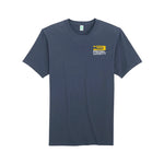 Navy blue t-shirt with a logo on the chest against a white background