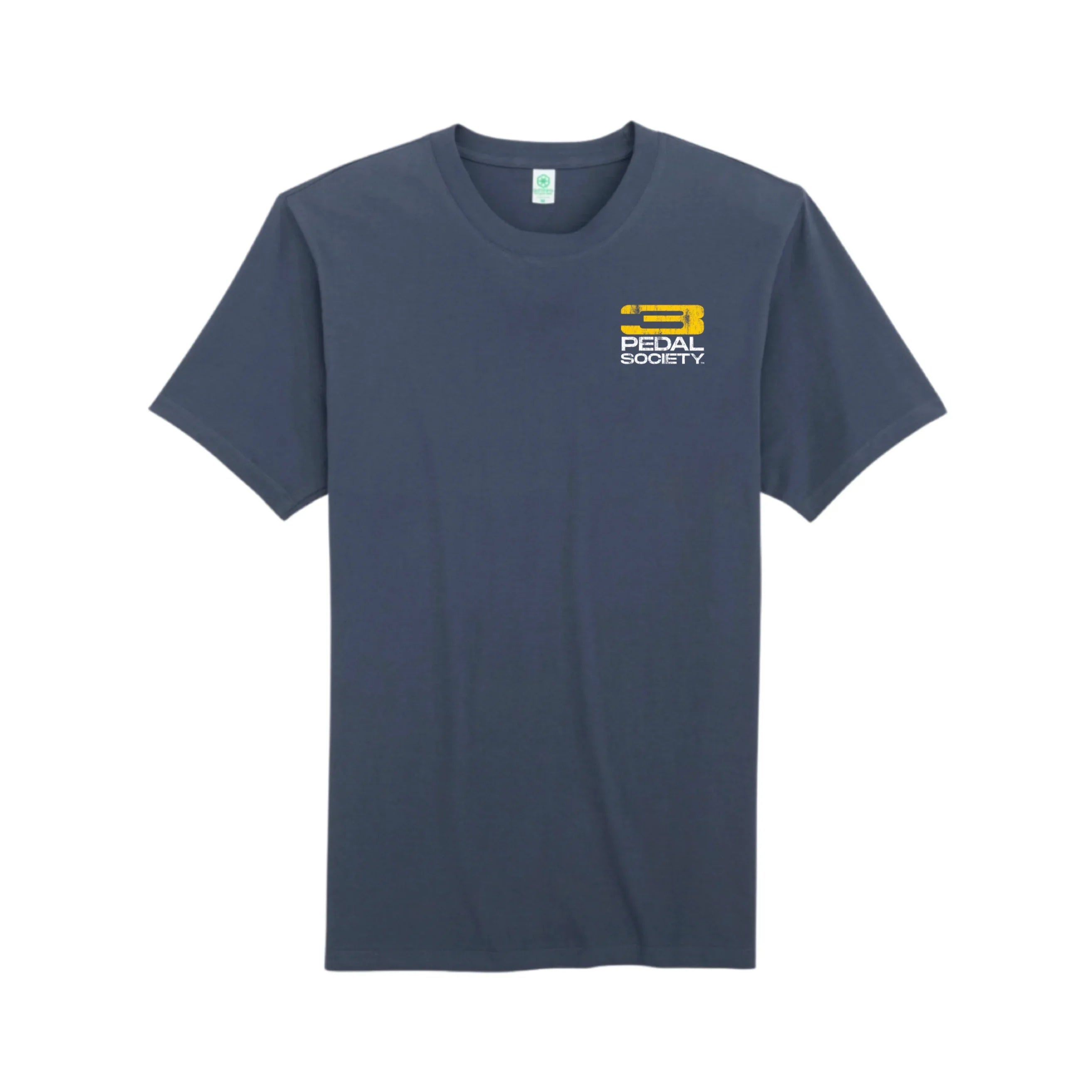Navy blue t-shirt with a logo on the chest against a white background