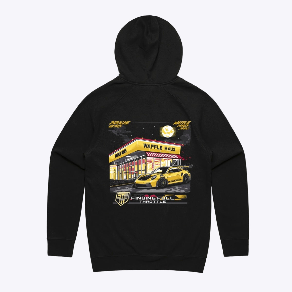 Black hoodie with a graphic of a car and building on the back, on a white background