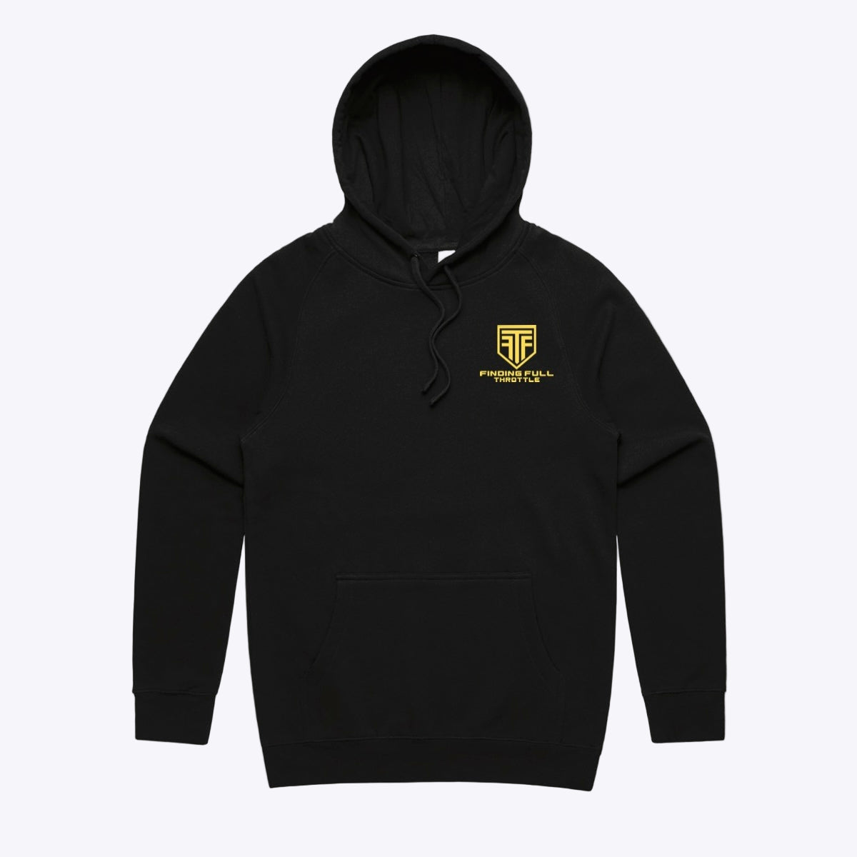 Black hoodie with a yellow logo on a white background
