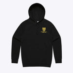 Black hoodie with a yellow logo on a white background