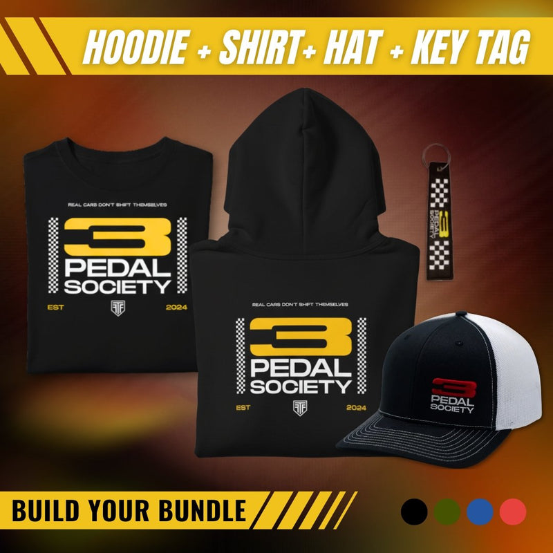 3 Pedal Society Ultimate Bundle: Hoodie, Shirt, Hat, Key Tag, and Sticker